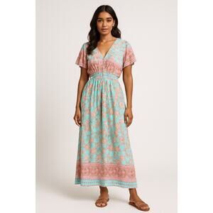54. Lazy Daisy Pink and Green Maxi Lounge dress - Small